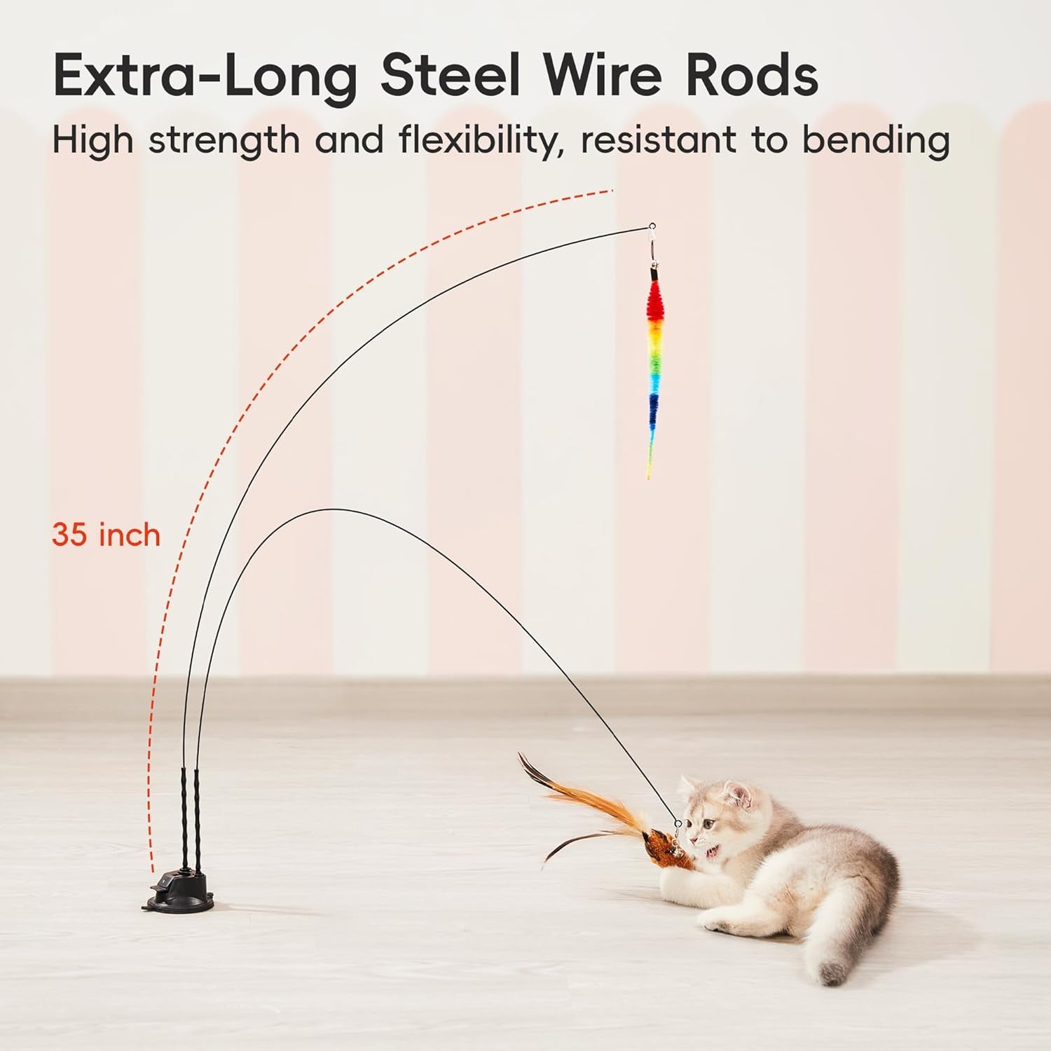 Suction Cup Cat Wand Toys, Dual-Wand Interactive Kitten Toy for Indoor Cats with 5 Pcs Feathers Balls Attachments, Charcoal Base