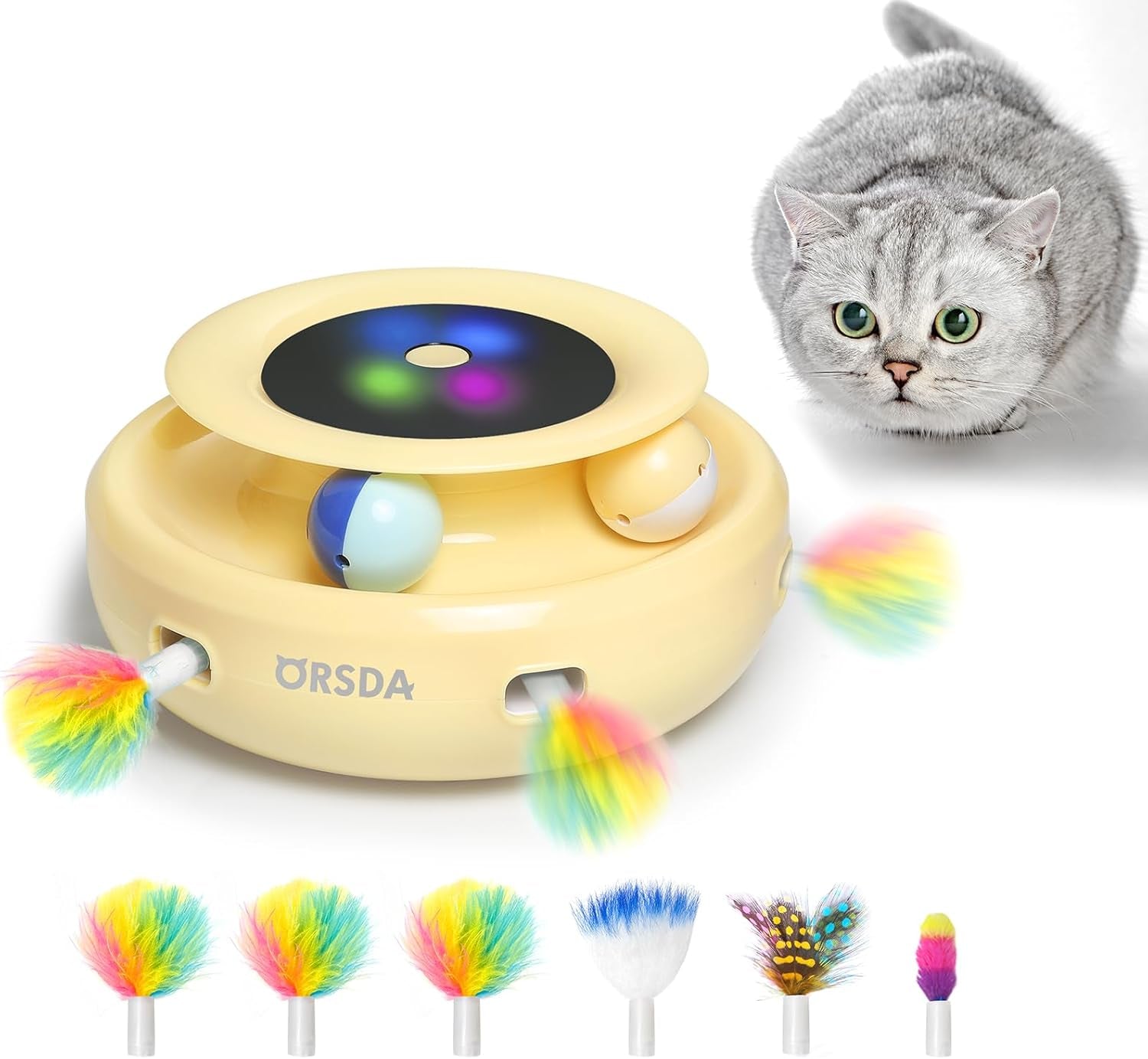 Cat Toys 2-In-1 Interactive Cat Toys for Indoor Cats, Automatic Cat Toy Balls, Mice Toys Ambush Feather Kitten Toys with 7Pcs Attachments, Dual Power Supplies, Adjustable Speed, Auto On/Off